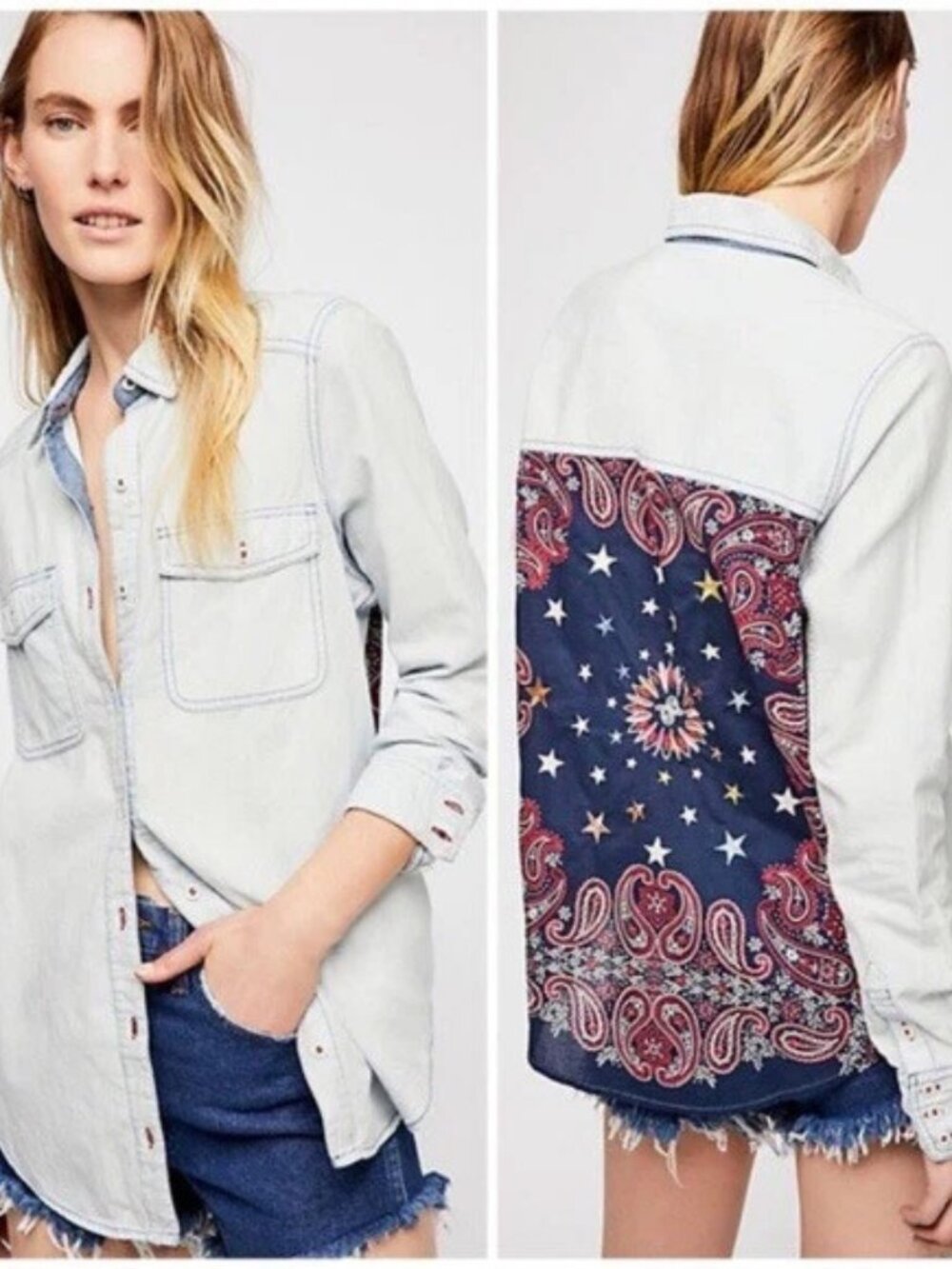 ☀️ Free People Bandana Bandit Button Down Shirt Chambray Denim L NWT